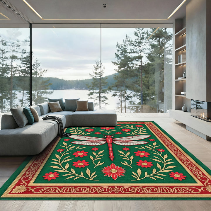 Emerald Red Dragonfly Floral Border Rug