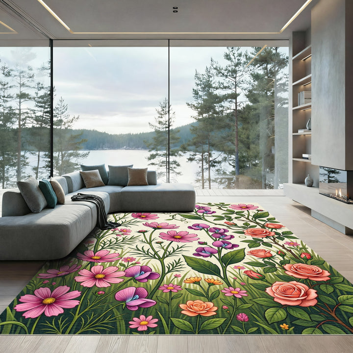 Pink Floral Meadow Garden Vines Rug