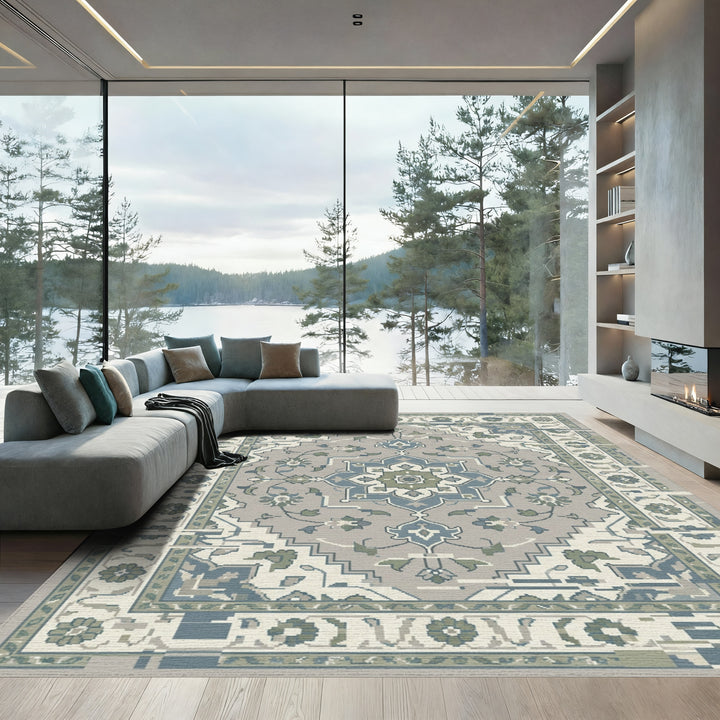 Retro Blue and Green Floral Medallion Rug