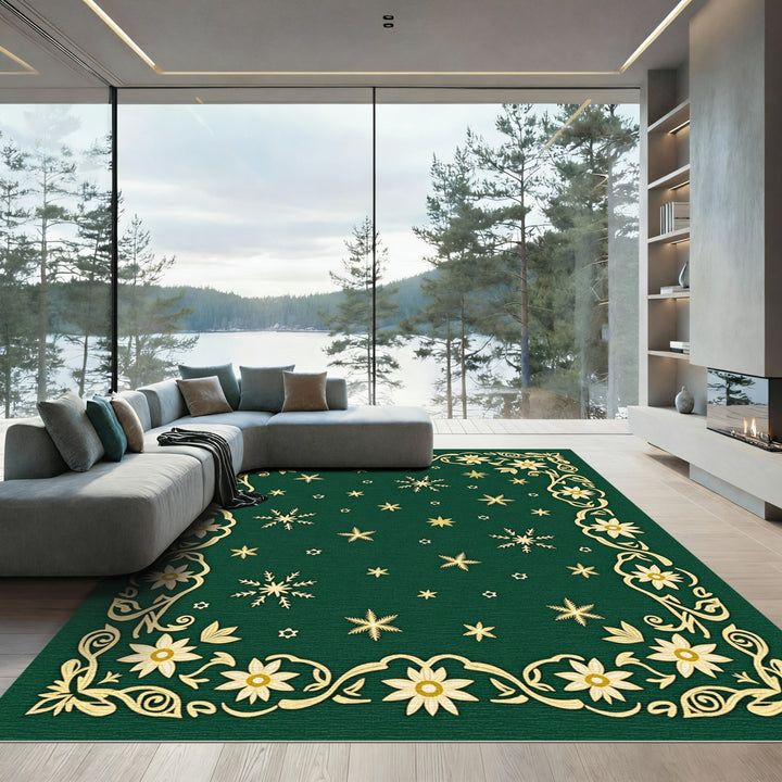 Golden Floral Snowflakes Border Deep Green Rug