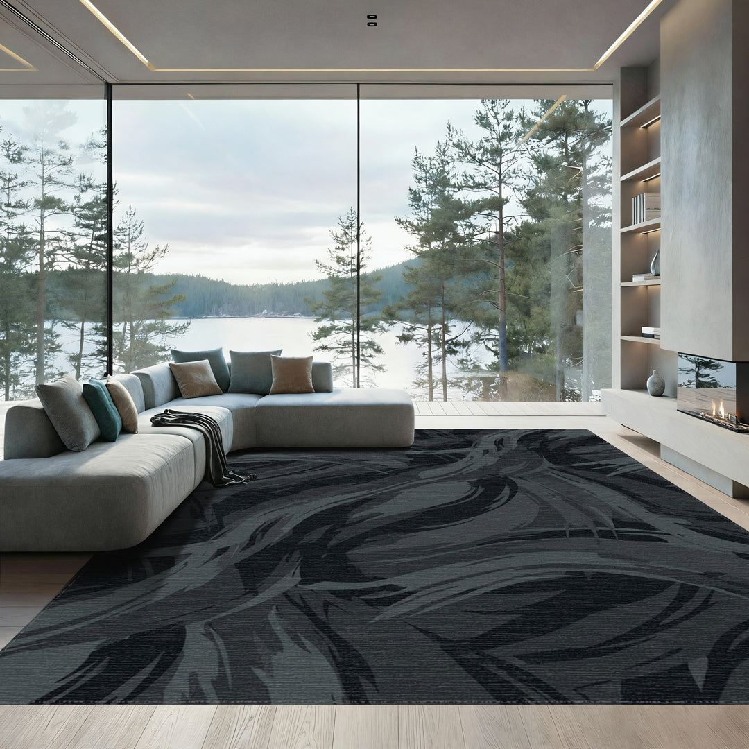 Dark Grayscale Abstract Brushstroke Waves Rug