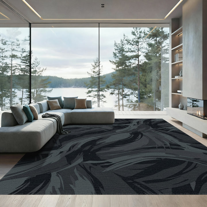 Dark Grayscale Abstract Brushstroke Waves Rug