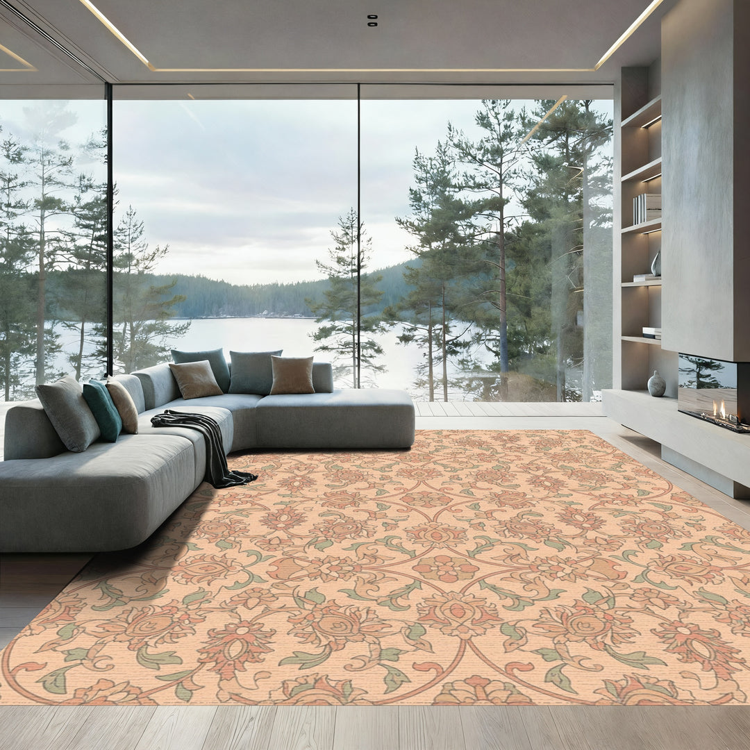 Soft Coral Floral Scroll Garden Rug