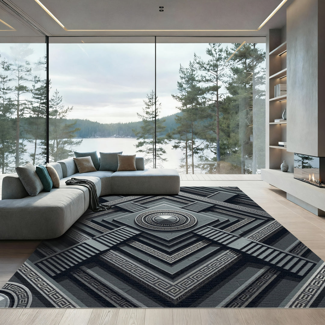 Gray Greek Key Geometric Medallion Rug