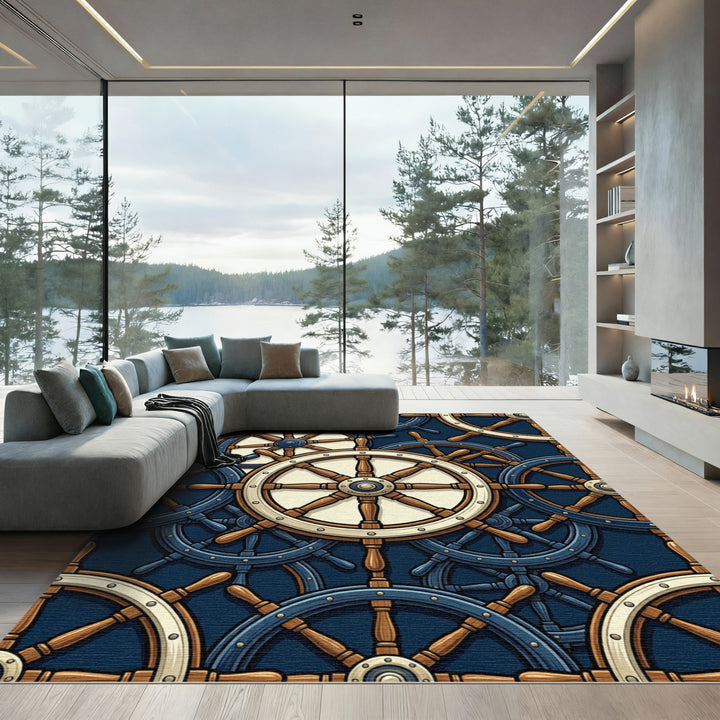 Nautical Ship Wheels Dark Blue Pattern Rug