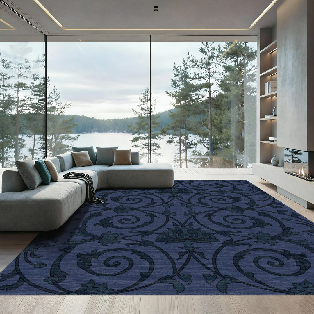 Dark Blue Floral Scroll Work Rug