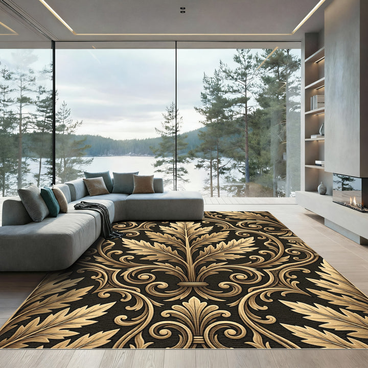 Ornate Golden Acanthus Leaf Scroll Rug