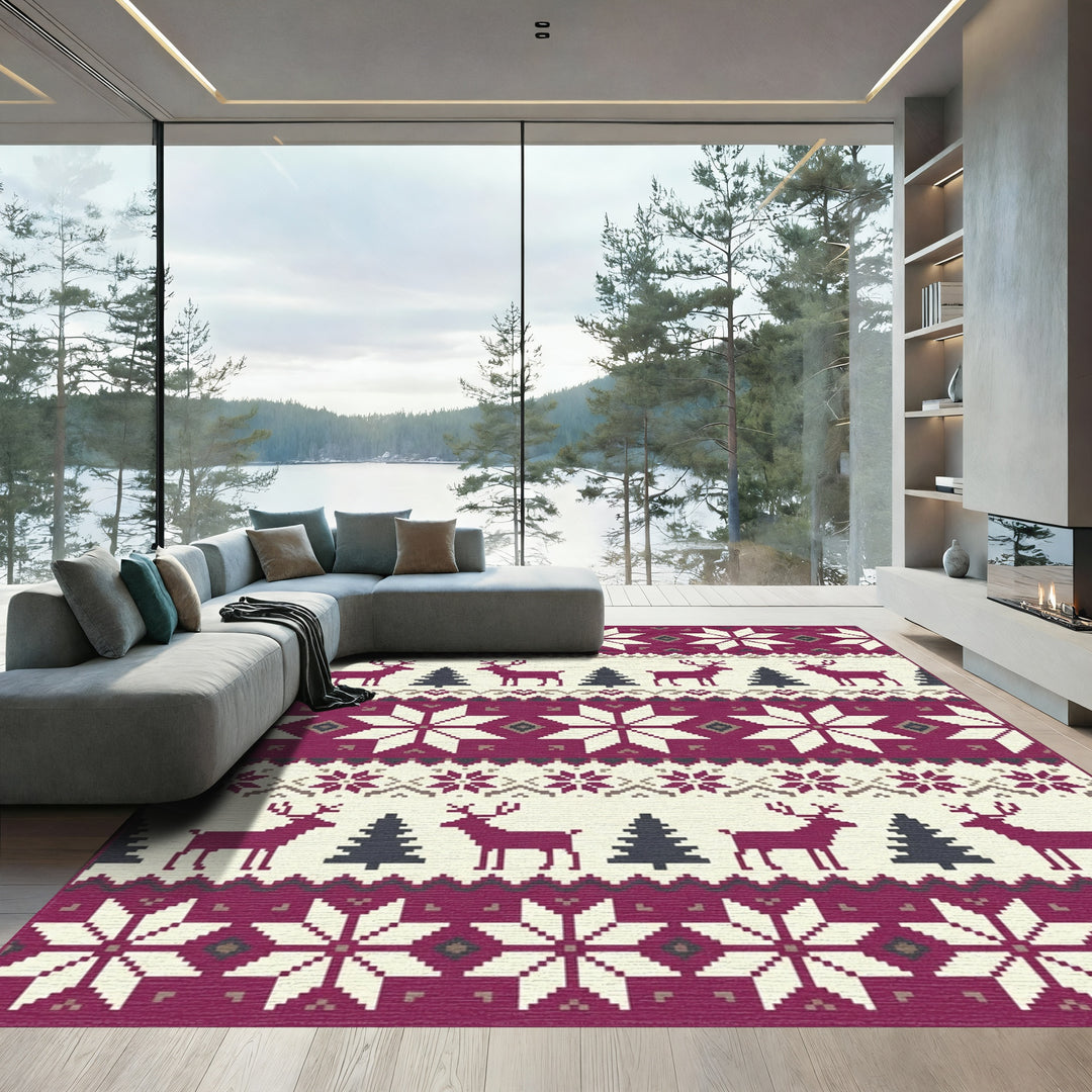Rustic Cranberry Reindeer Forest Stars Rug