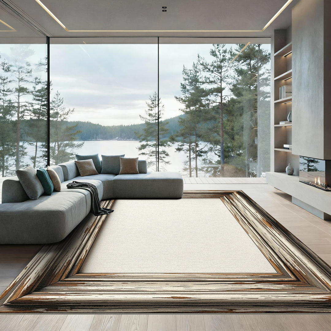 Rustic Chipped Wood Textured Frame Rug