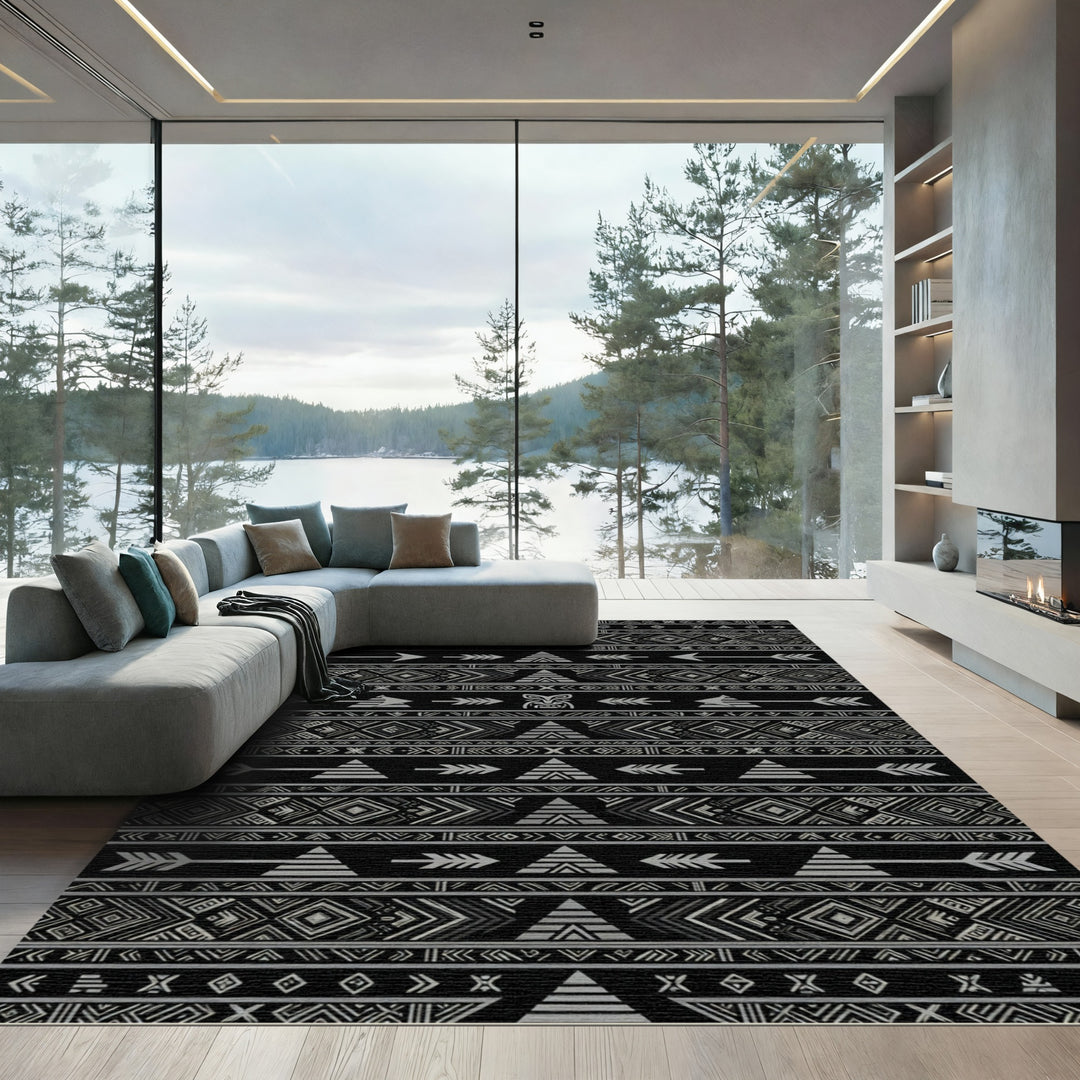 Gray Tribal Arrow and Tribal Mask Rug