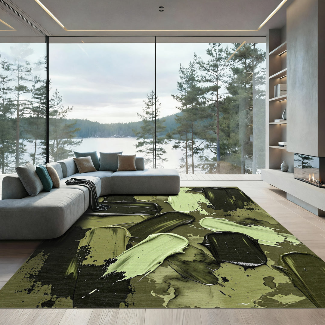 Abstract Olive Green Paint Strokes Rug