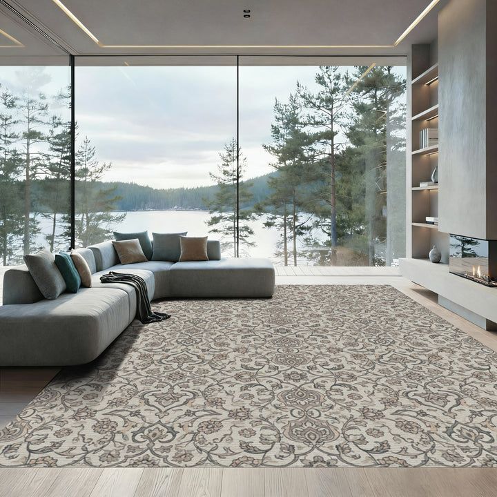 Neutral Floral Scroll Arabesque Rug