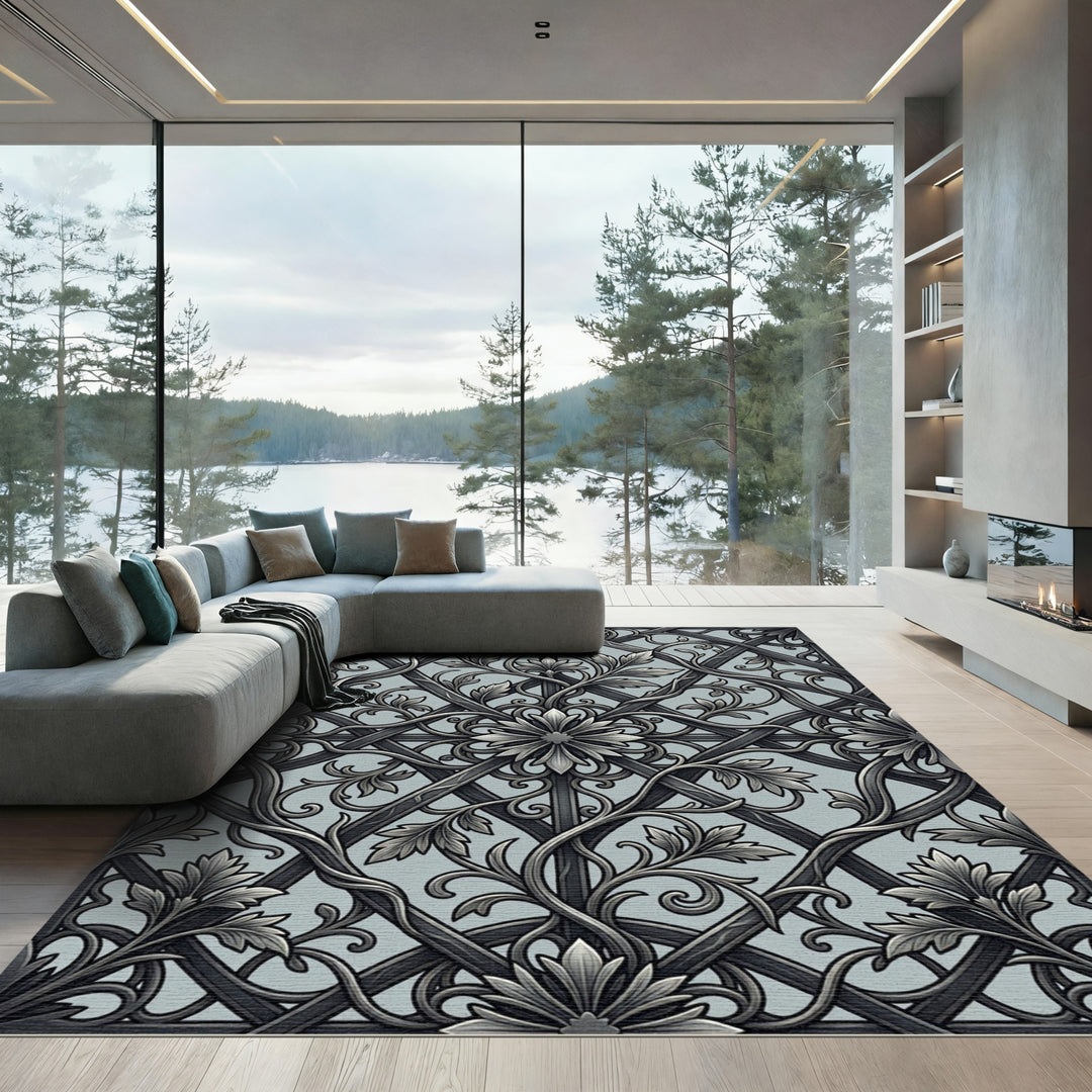 Ornate Grey Floral Interwoven Lattice Rug