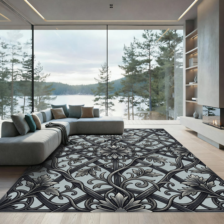 Ornate Grey Floral Interwoven Lattice Rug