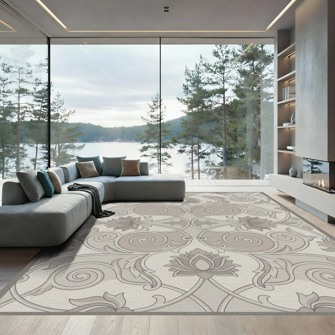 Neutral Beige Lotus Scroll Work Rug