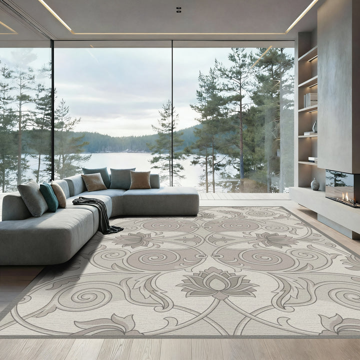 Neutral Beige Lotus Scroll Work Rug