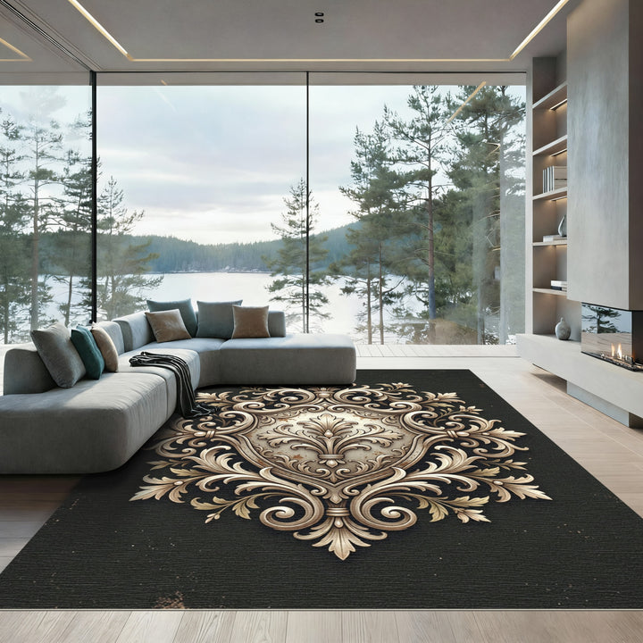 Ornate Gold Fleur-de-lis Relief Rug