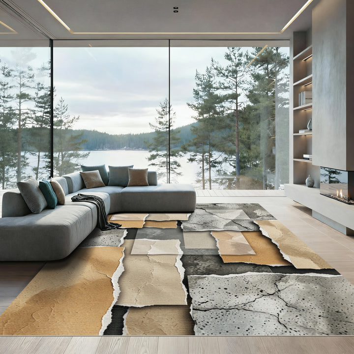 Earthy Collage Cracked Paper Collage Rug
