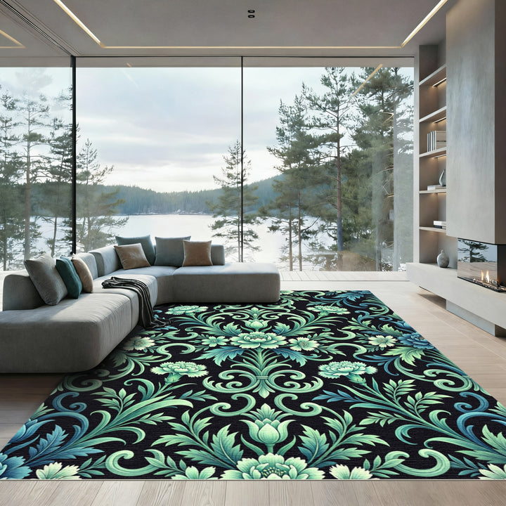 Emerald Floral Scrollwork on Black Rug