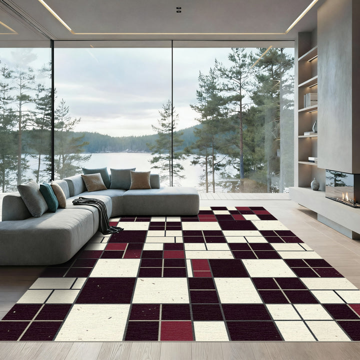 Crimson Black White Geometric Composition Rug