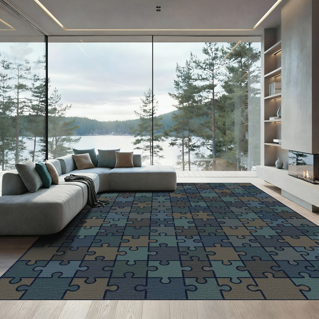 Earthy Blue Puzzle Pieces Rug