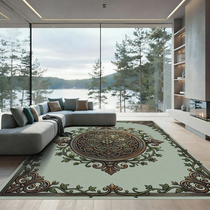 Ornate Green Ivy Floral Medallion Rug