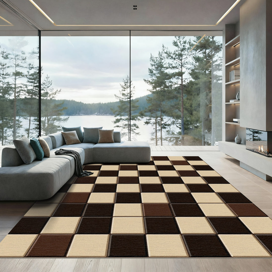 Classic Brown Beige Checkered Squares Rug