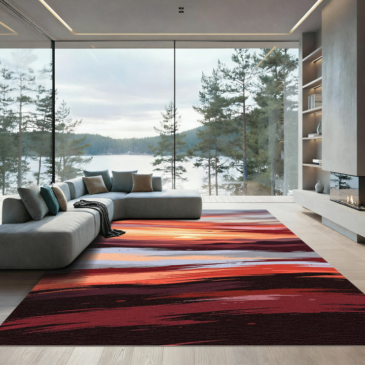 Crimson Sunset Brushstroke Horizon Rug