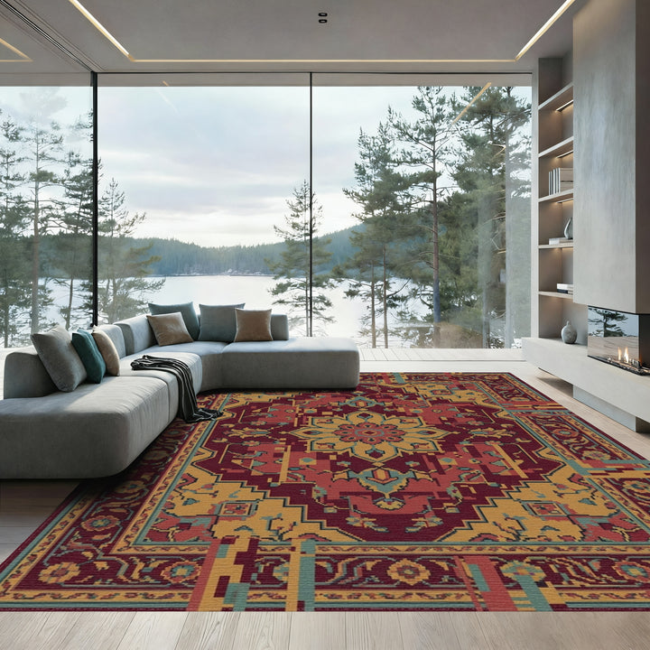 Crimson Golden Medallion Glitch Rug