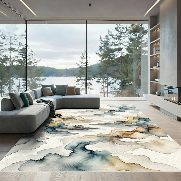 Ink Wash Landscape Mountain River Rug