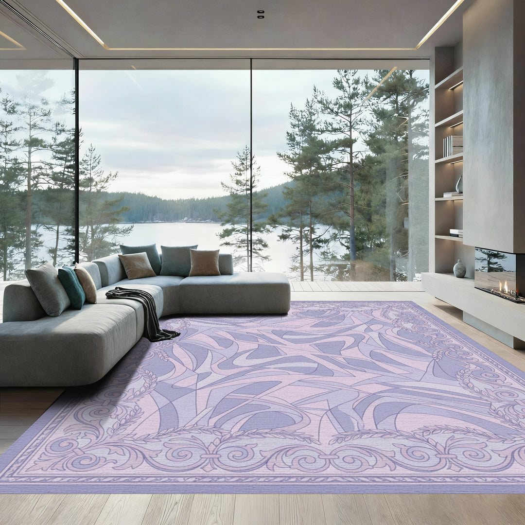 Lavender Swirl Abstract Scrolled Frame Rug