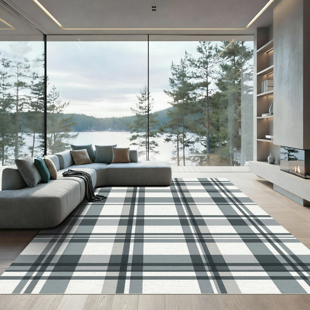 Classic Gray Plaid Squares Rug