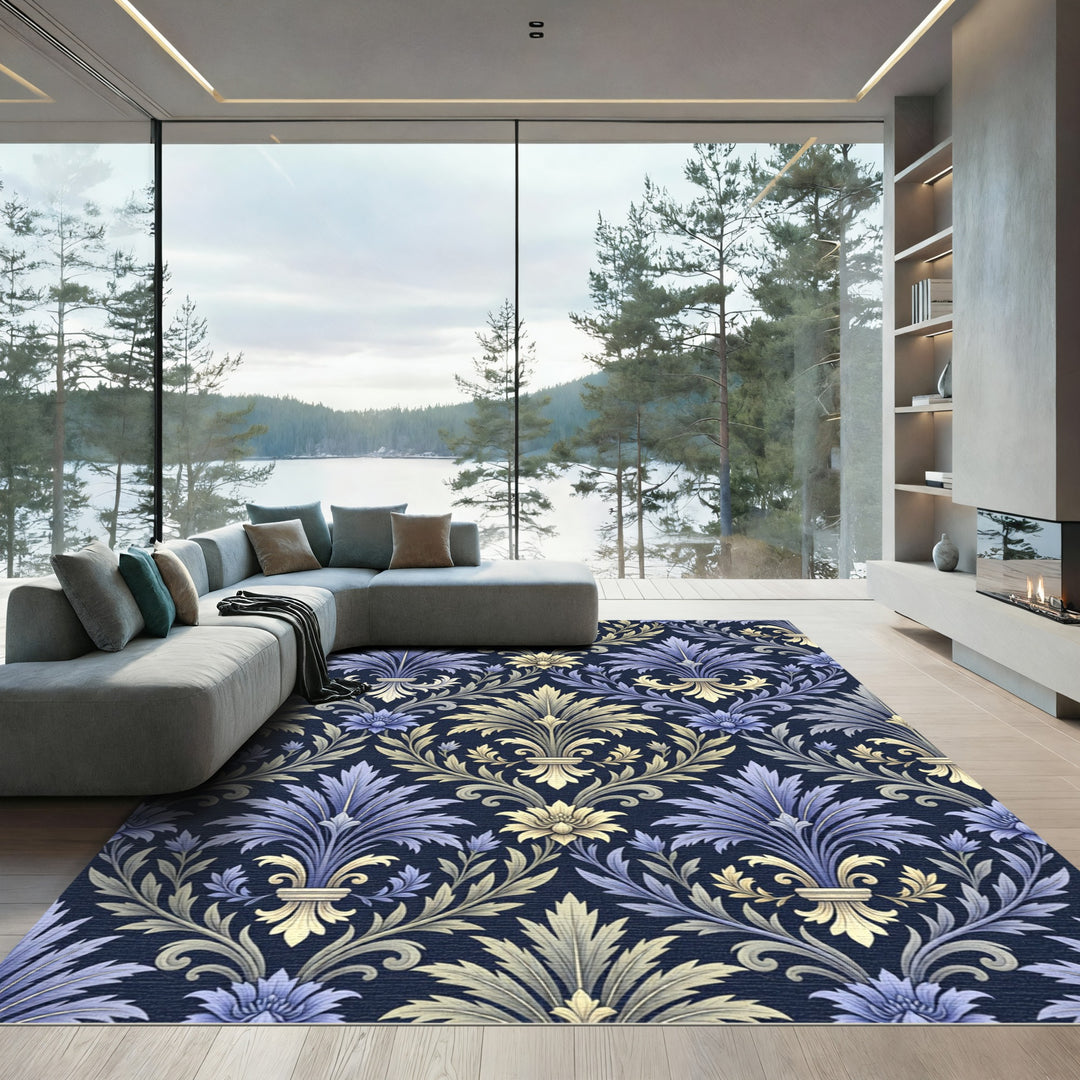 Vintage Blue Yellow Acanthus Scroll Rug