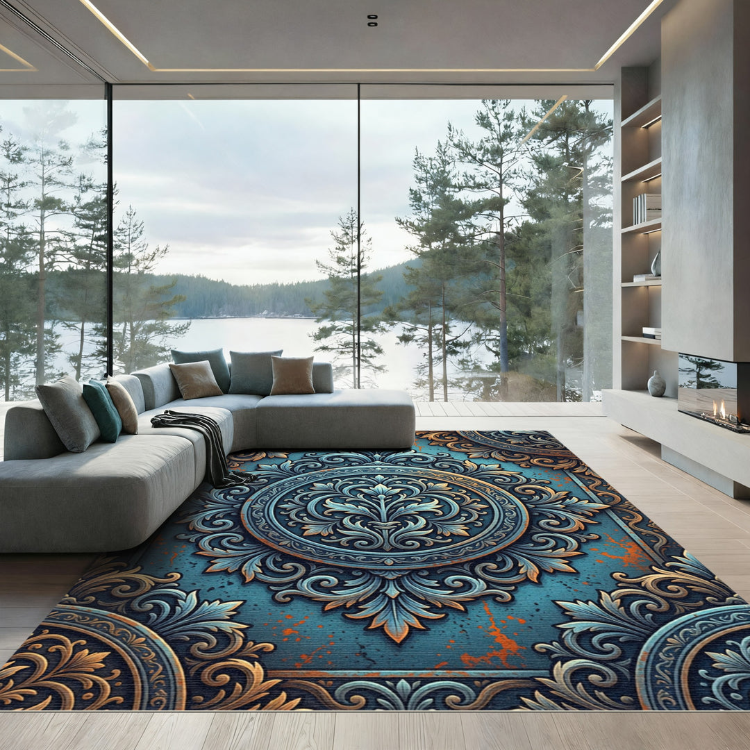 Ornate Teal And Gold Medallion Rug