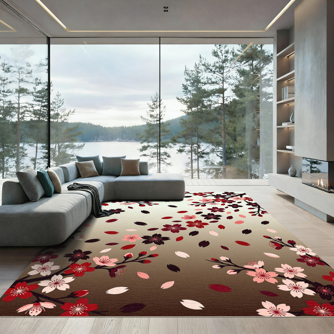 Crimson Cherry Blossom Branches Falling Petals Rug