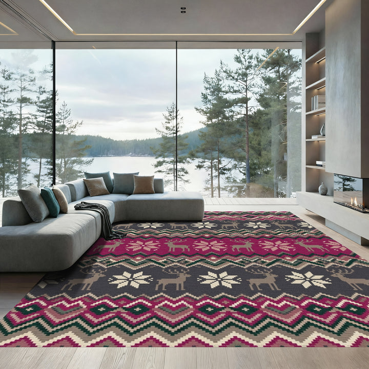 Winter Reindeer Snowflake Geometric Stripe Rug