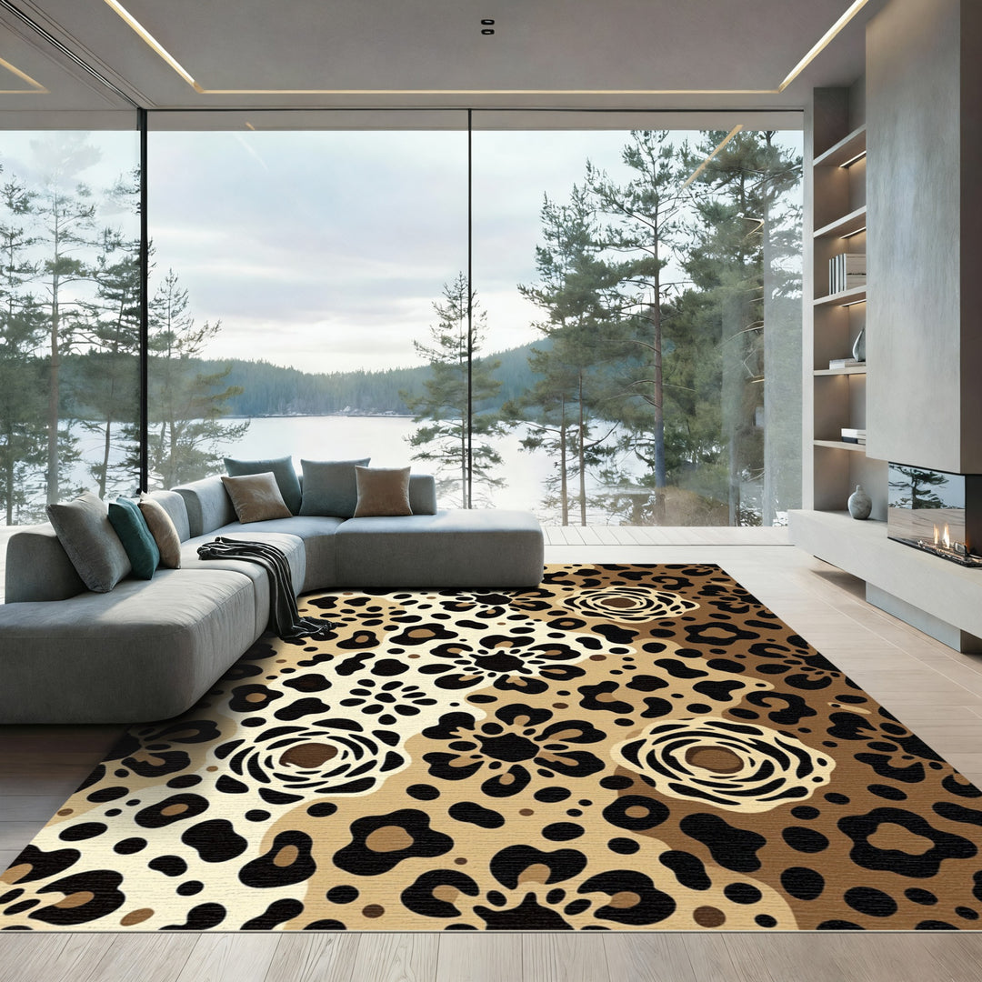 Golden Leopard Floral Arrangement Rug