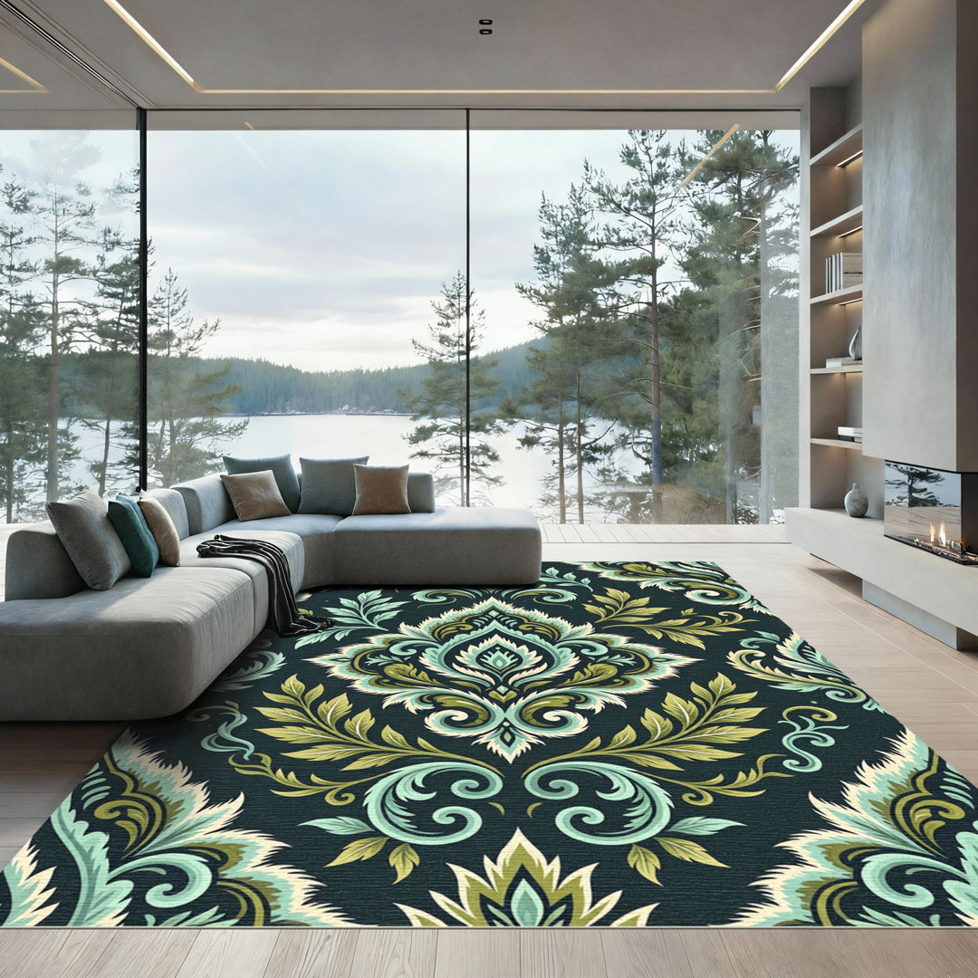 Classic Teal and Gold Floral Scroll Rug