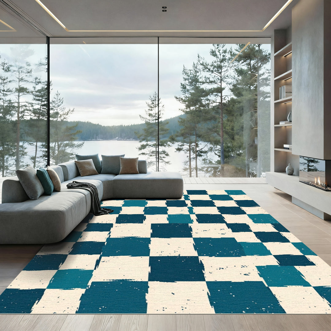Distressed Teal Checkered Squares Rug