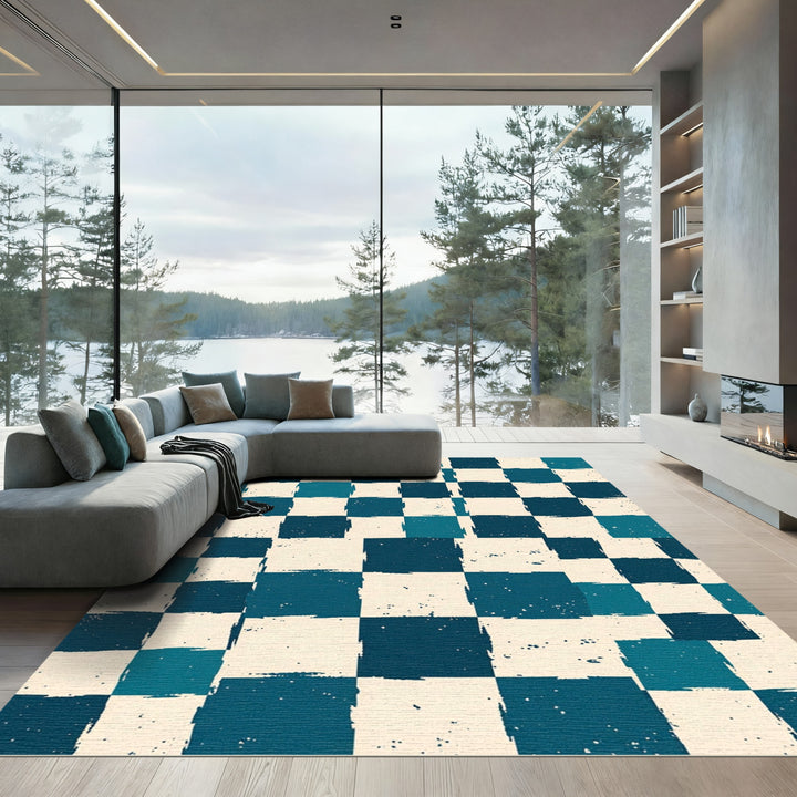 Distressed Teal Checkered Squares Rug