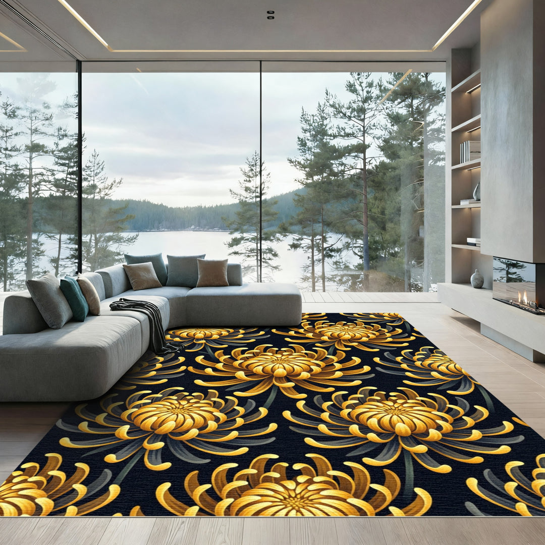 Golden Chrysanthemum Floral Rug