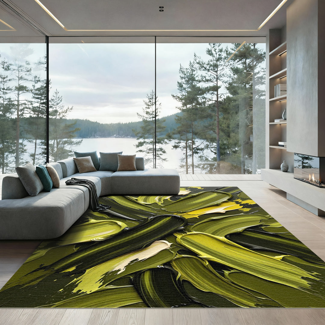 Abstract Olive Green Paint Swirl Rug