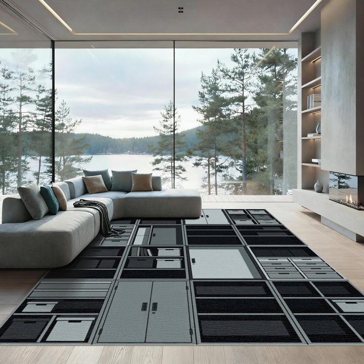 Cool Gray Geometric Storage Shelves Rug