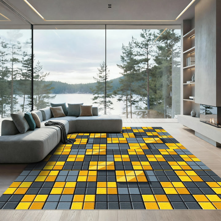 Abstract Gold Gray Square Tiles Rug