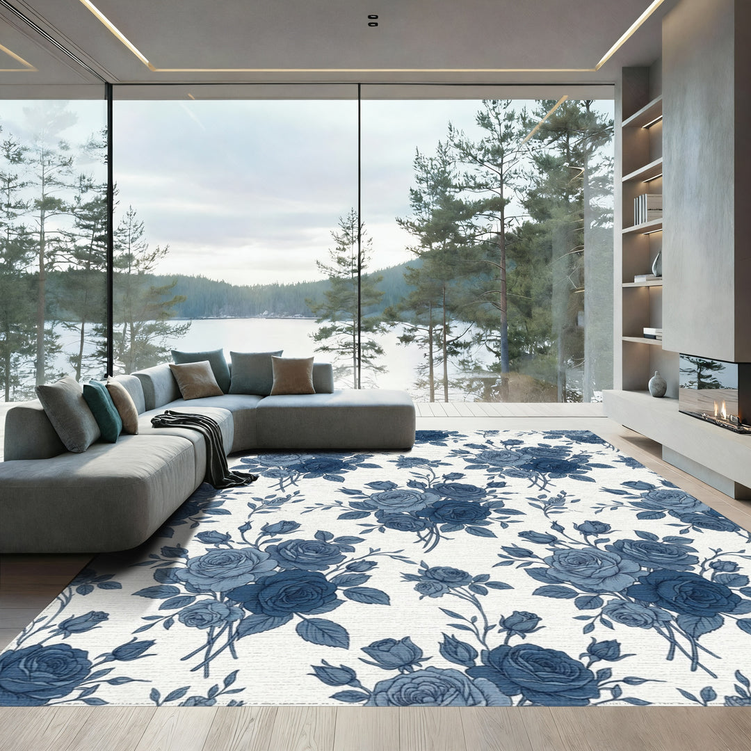Indigo Blue Rose Bouquet Vintage Rug