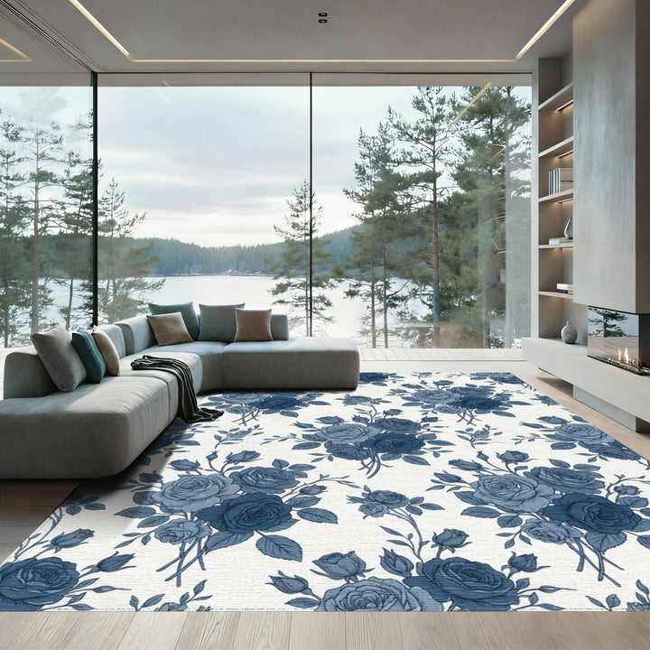 Indigo Blue Rose Bouquet Vintage Rug