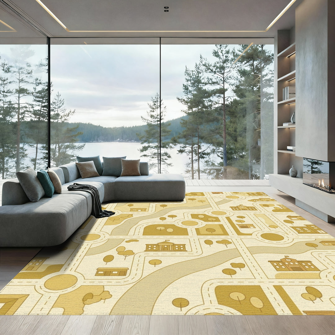 Golden Cityscape Road Map Illustration Rug