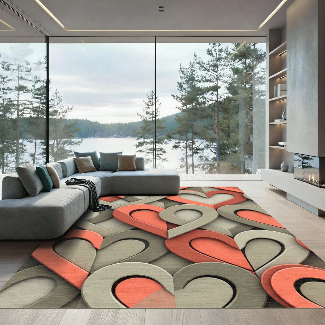 Coral and Gray Heart Interlace Rug