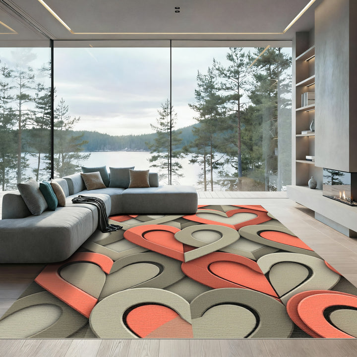 Coral and Gray Heart Interlace Rug