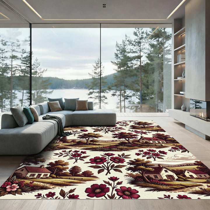 Vinatge Red Floral Countryside Scenic Rug